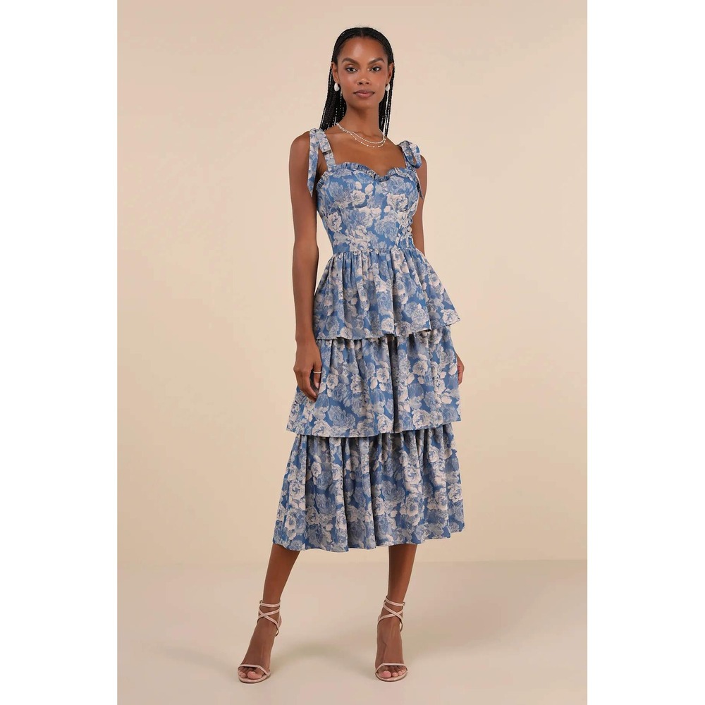 Lulus Lovely Bliss Blue Floral Jacquard Strapless Bustier Midi Dress Size Medium - Picture 2 of 10